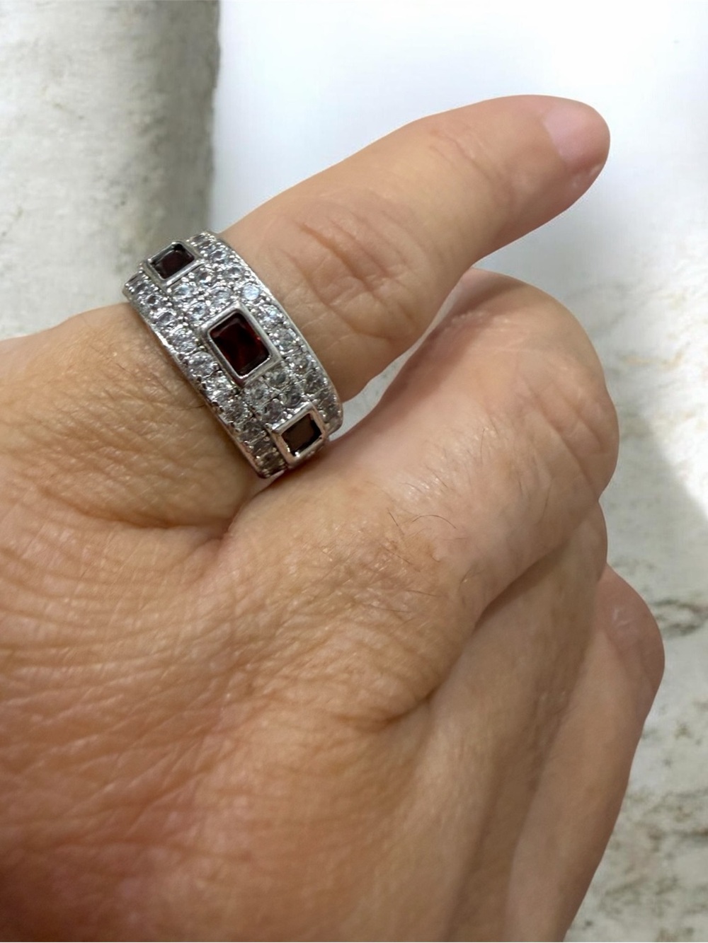Sterling-Style Ring with Deep Red Gem and Pavé Crystals